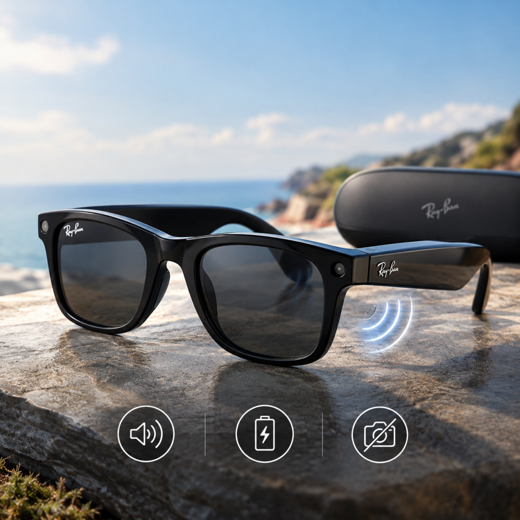 Kính AI Ray-Ban Meta Audio lên kệ: không camera, pin 12 giờ, giá 349 USD premium smart audio sunglasses by the coast